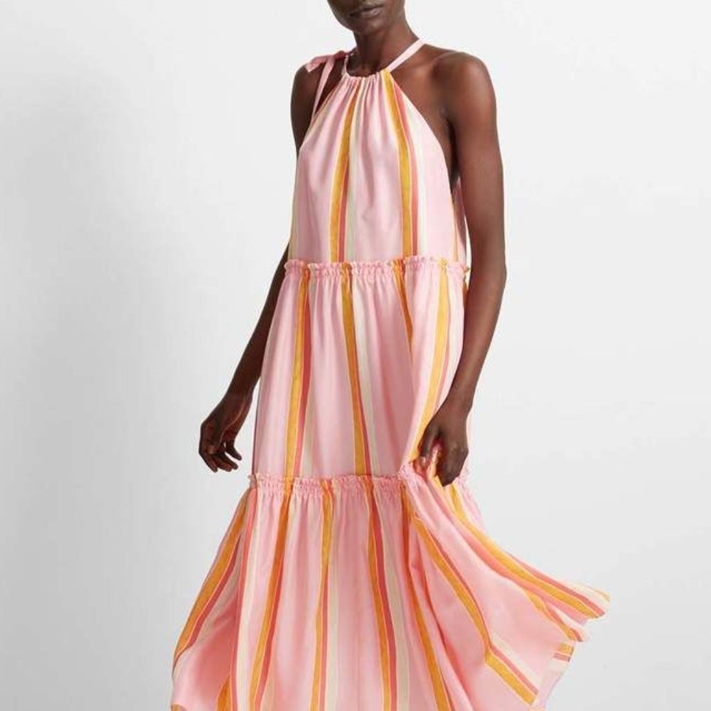 Club Monaco Striped Pastel Maxi Dress Perfect For Vacation 100% Silk Size 12 NWT